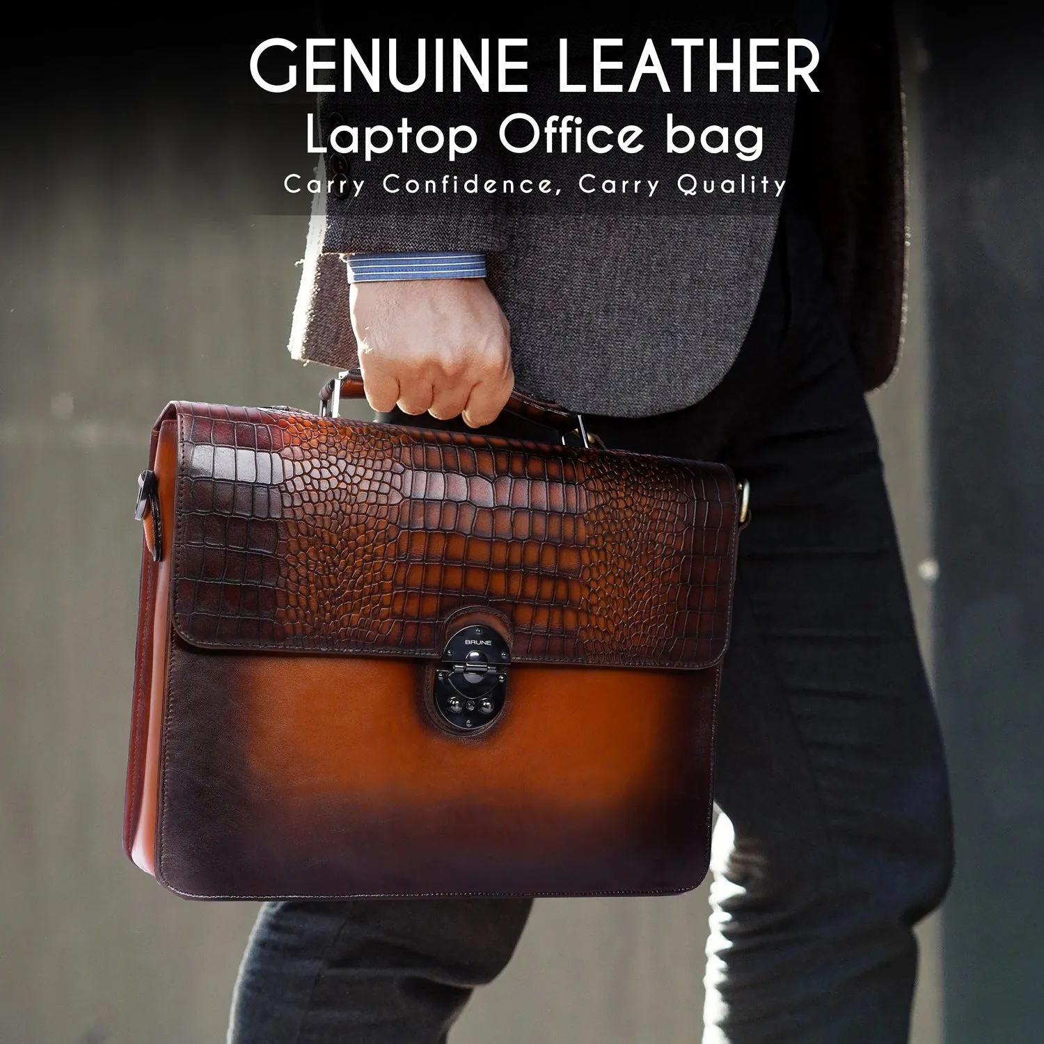 Smokey Tan Laptop Briefcase in Genuine Deep Cut Leather