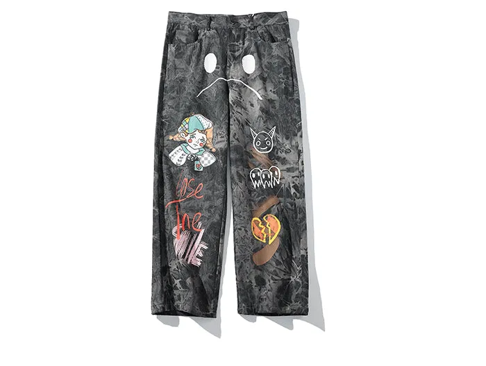 Straight Leg Chinos with Creature Print and Acid Wash Tie Dye