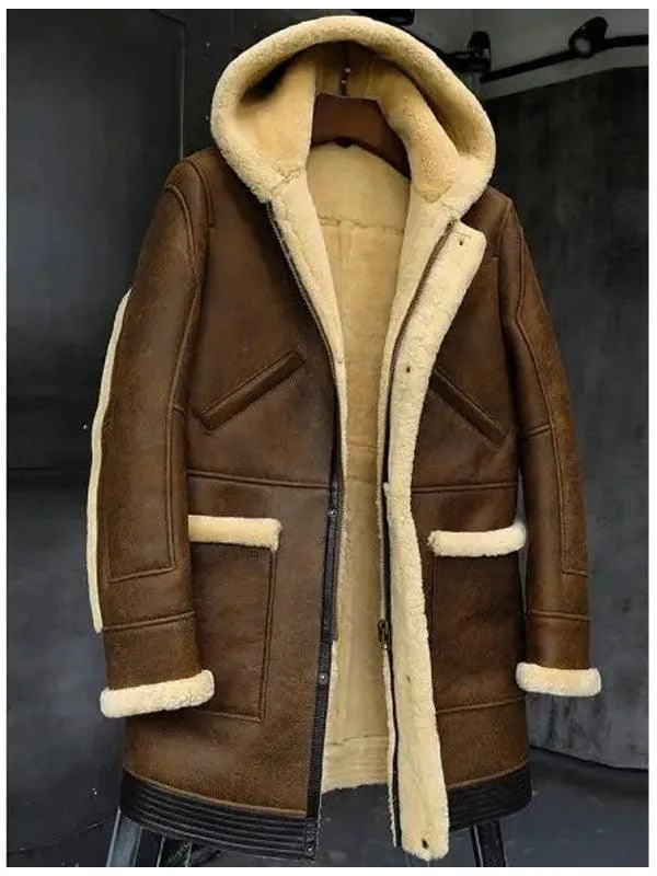 Stylish and Warm Hooded Sheepskin Shearling Leather Jacket