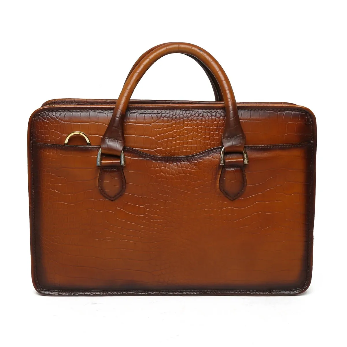 Tan Croco Burnished Leather Laptop Briefcase By Brune & Bareskin