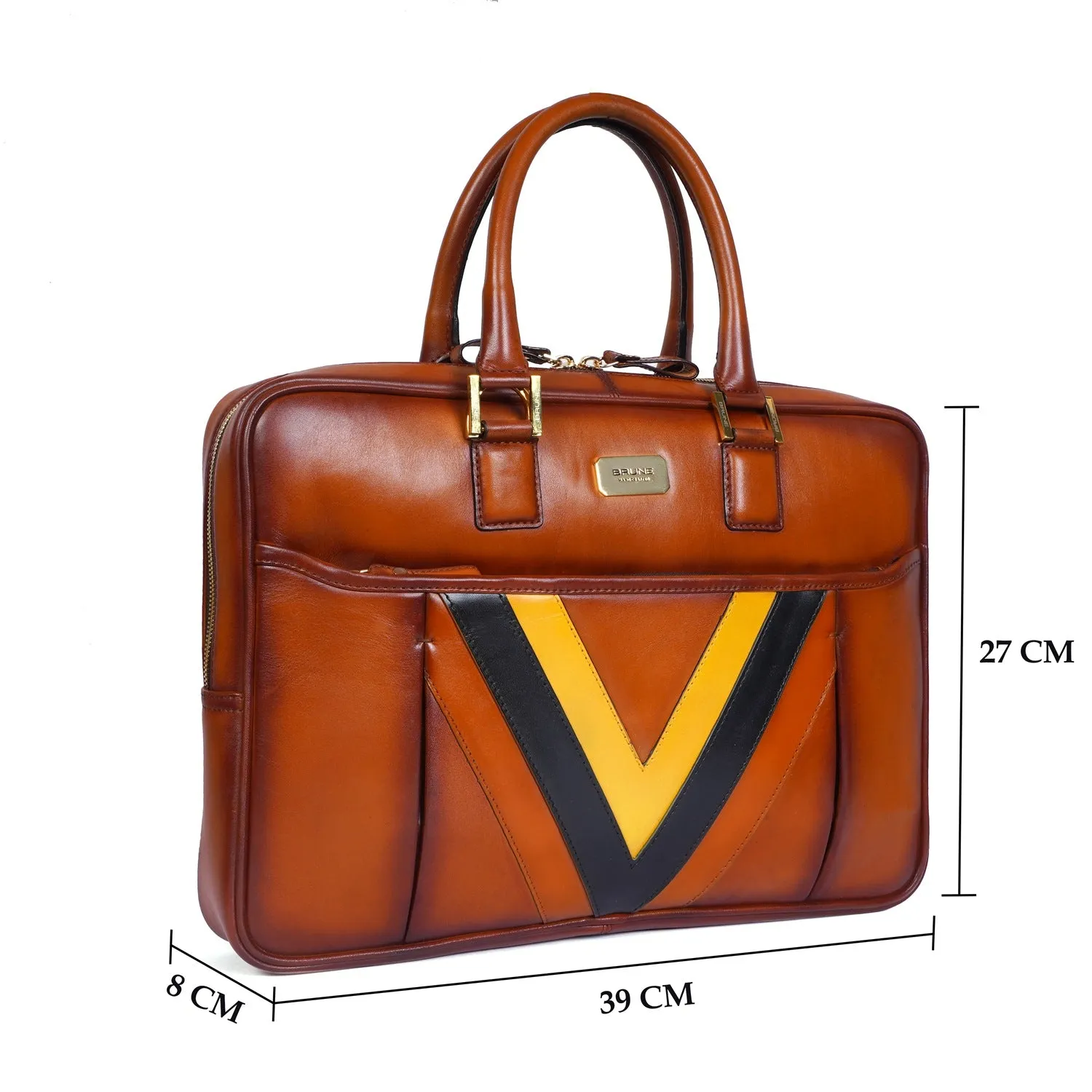 Tan Office Briefcase with Tri Color Leather Trims