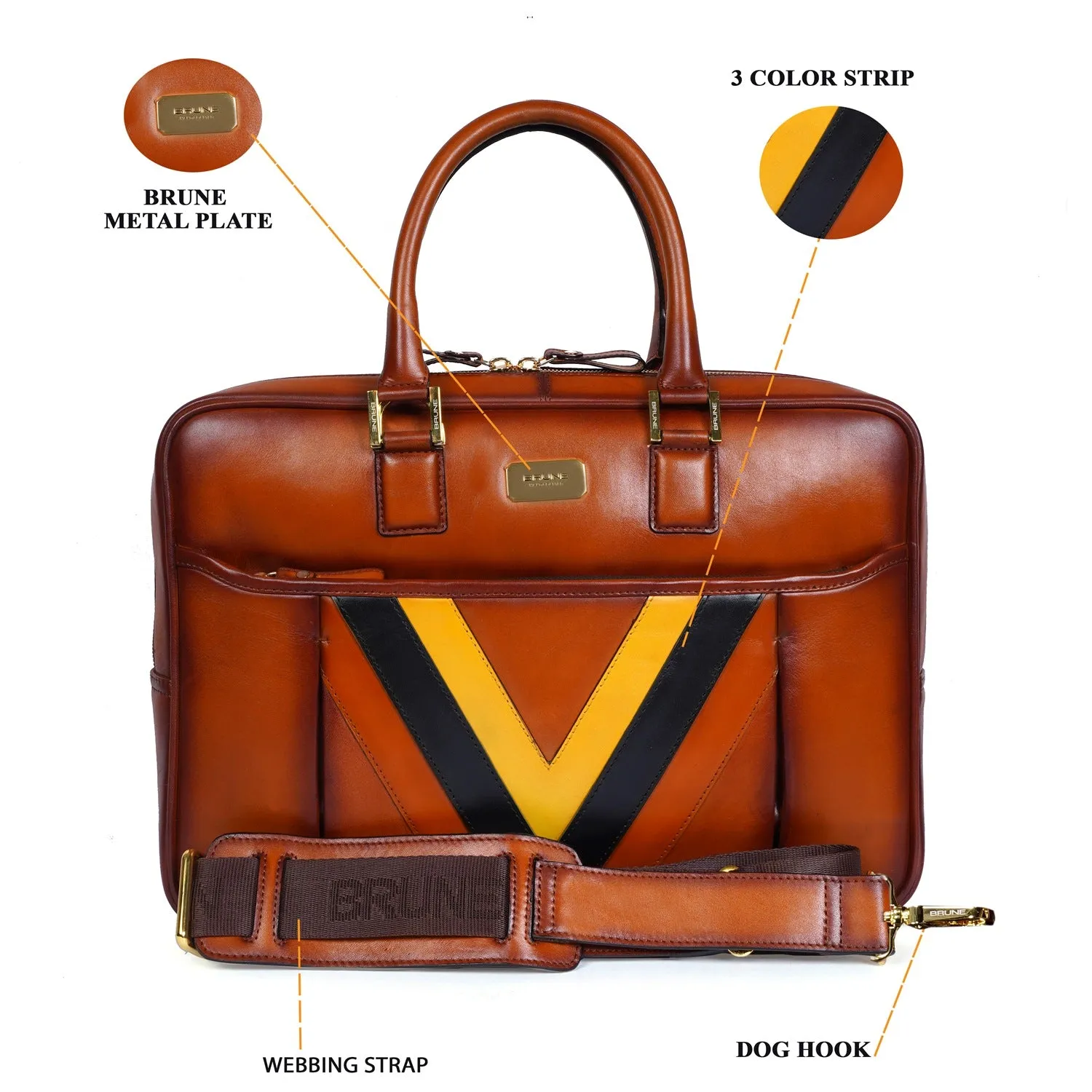 Tan Office Briefcase with Tri Color Leather Trims