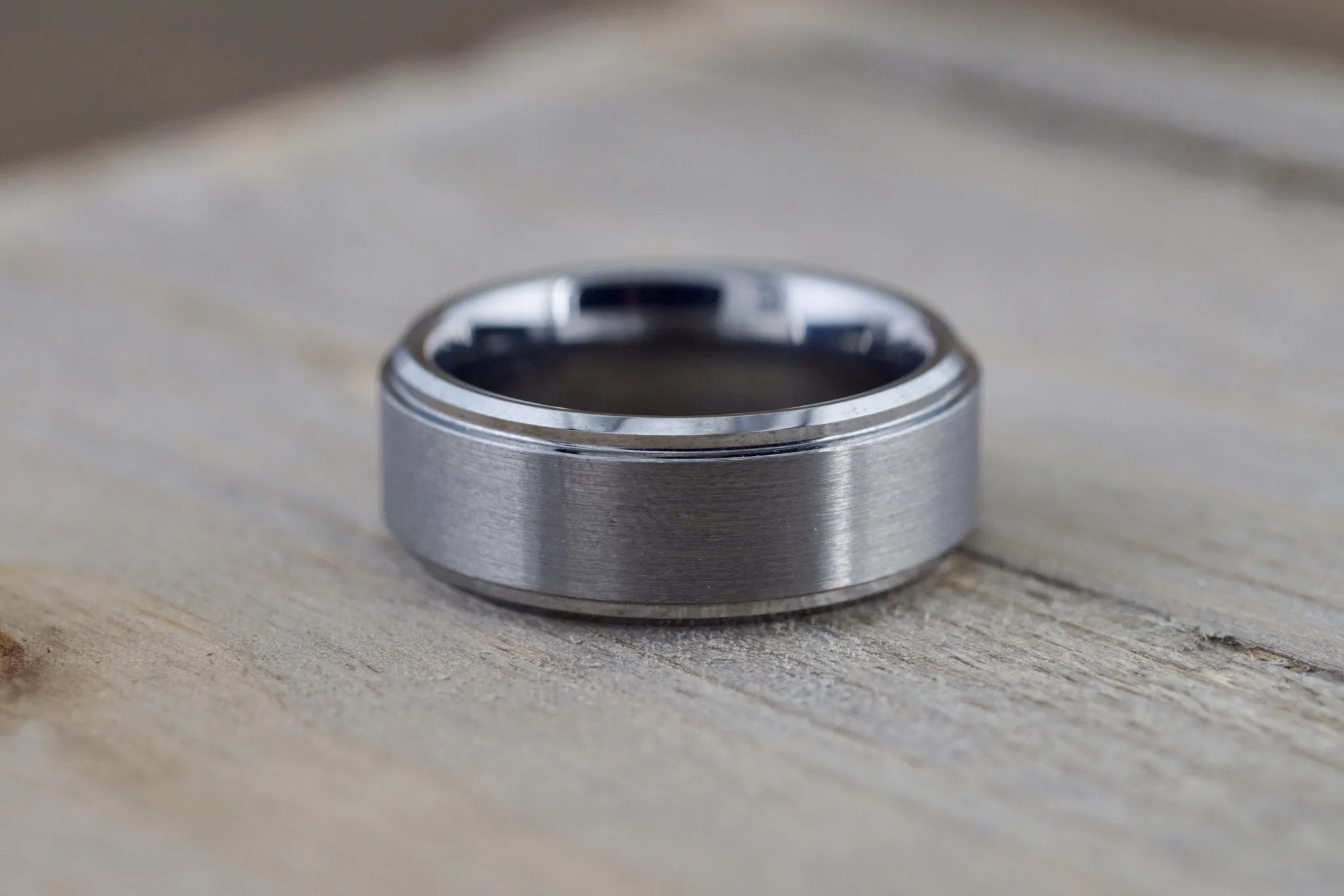 Tungsten Carbide 8mm Brushed Finish Flat Row With Stepped Edge Men's Ring