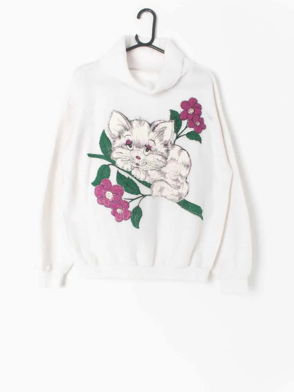 Vintage novelty sweatshirt with cute white cat kitten and pink spring flowers – Medium / Large