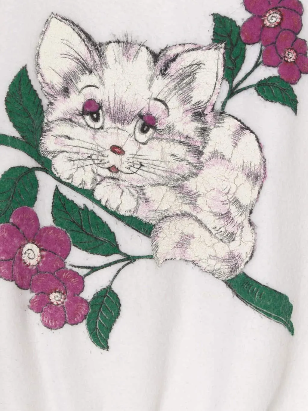 Vintage novelty sweatshirt with cute white cat kitten and pink spring flowers – Medium / Large