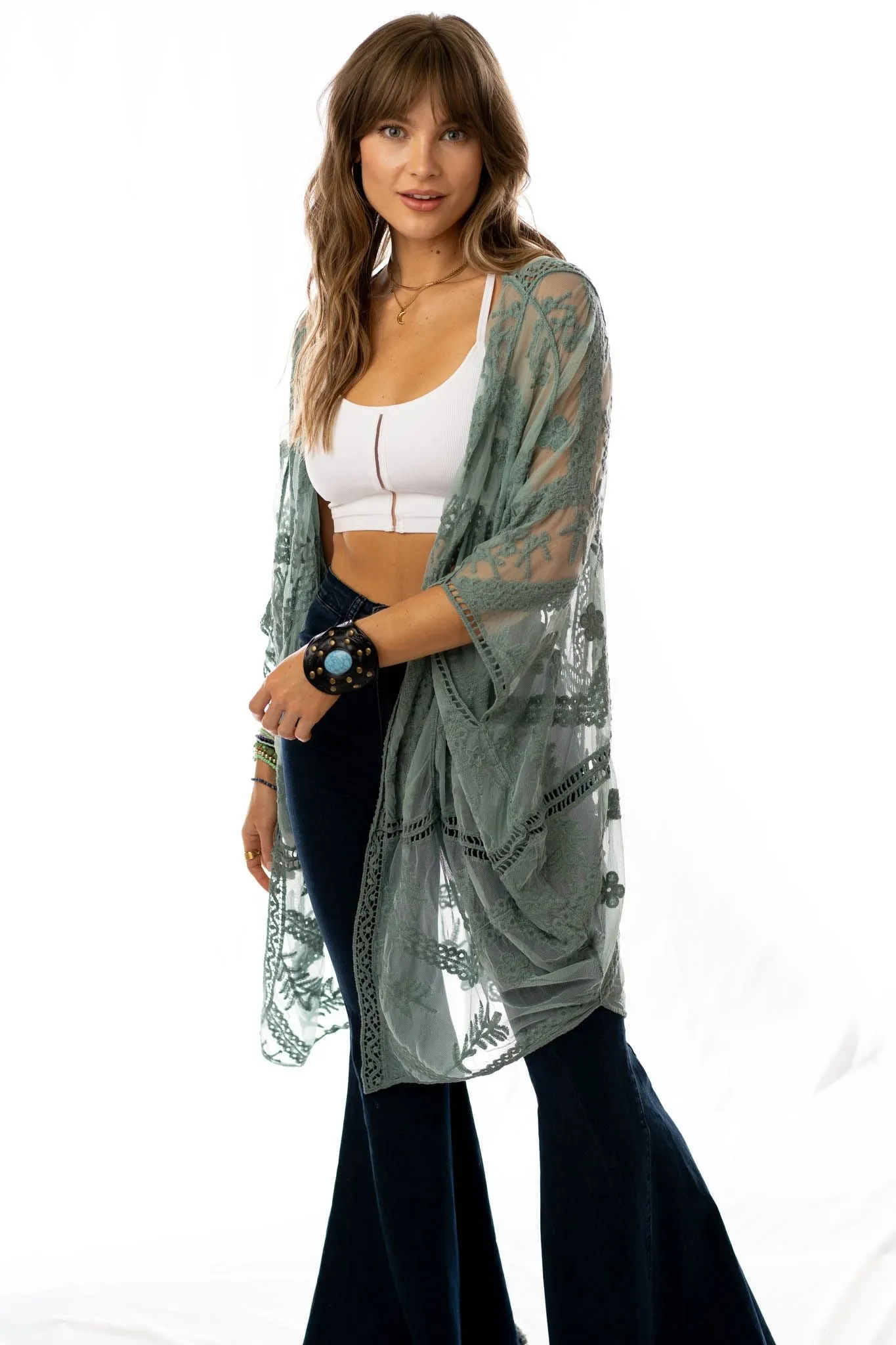 Whimsy + Lace Kimono - Sage