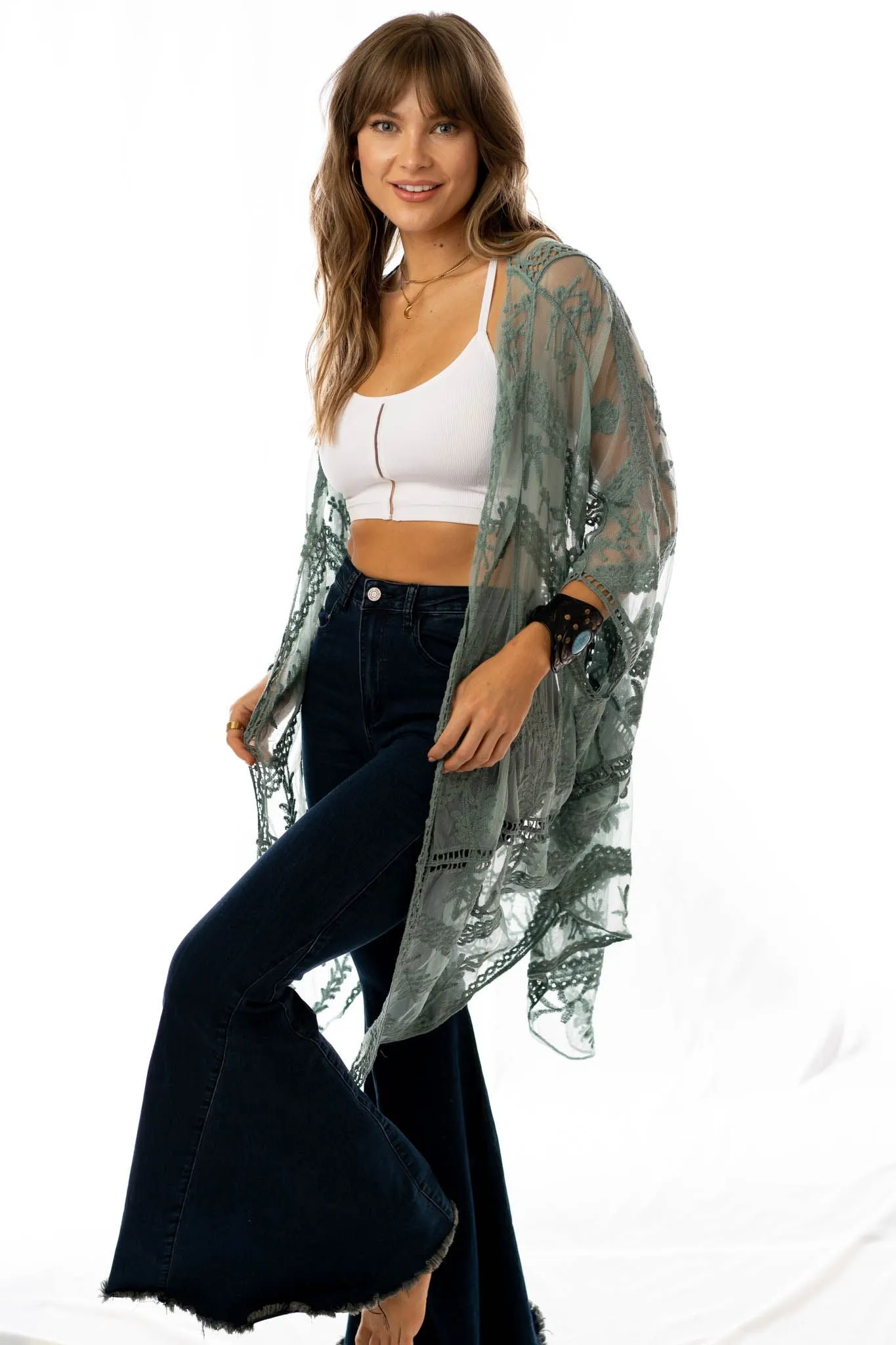 Whimsy + Lace Kimono - Sage