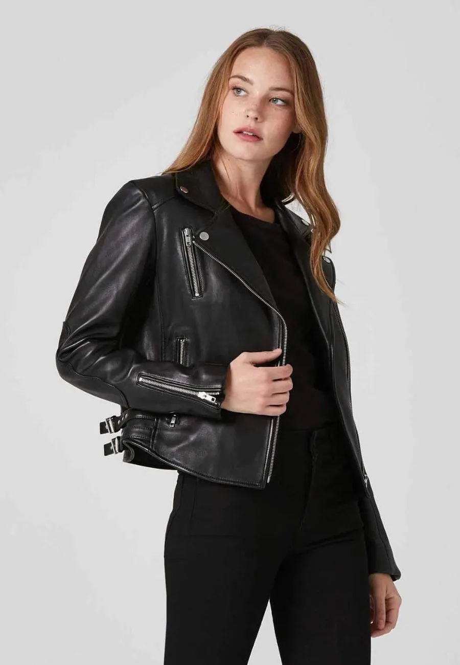 Women's Black Sheepskin Leather Biker Jacket