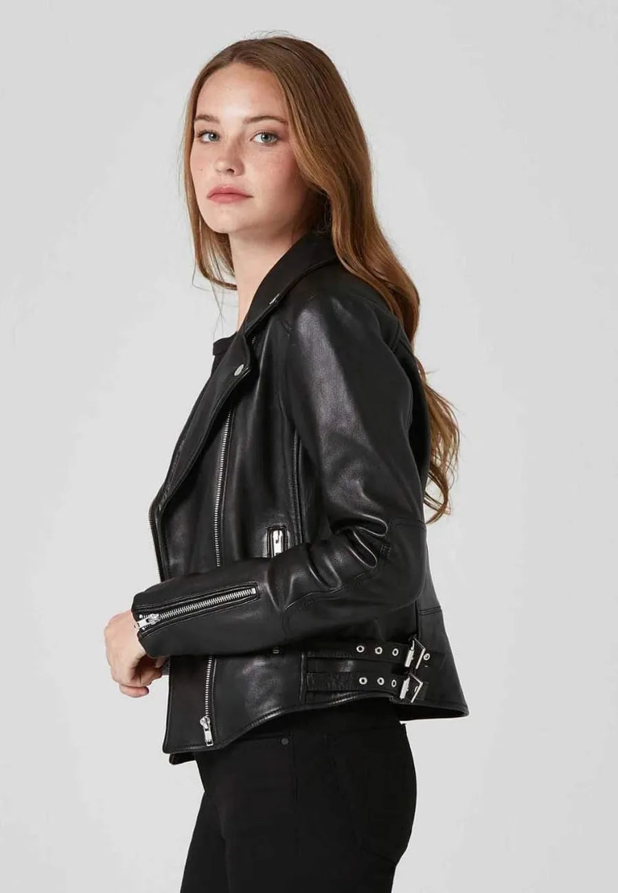 Women's Black Sheepskin Leather Biker Jacket