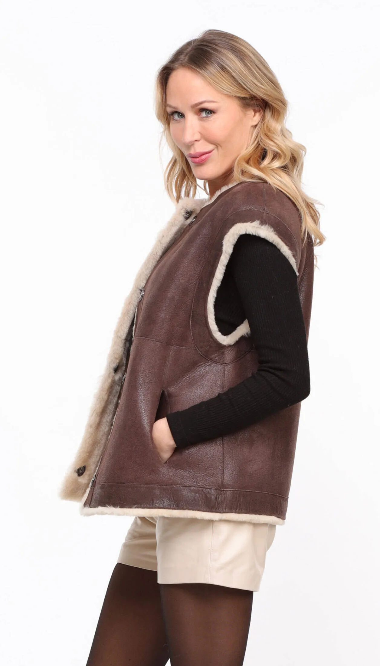 Women's brown \belly\ sheepskin vest