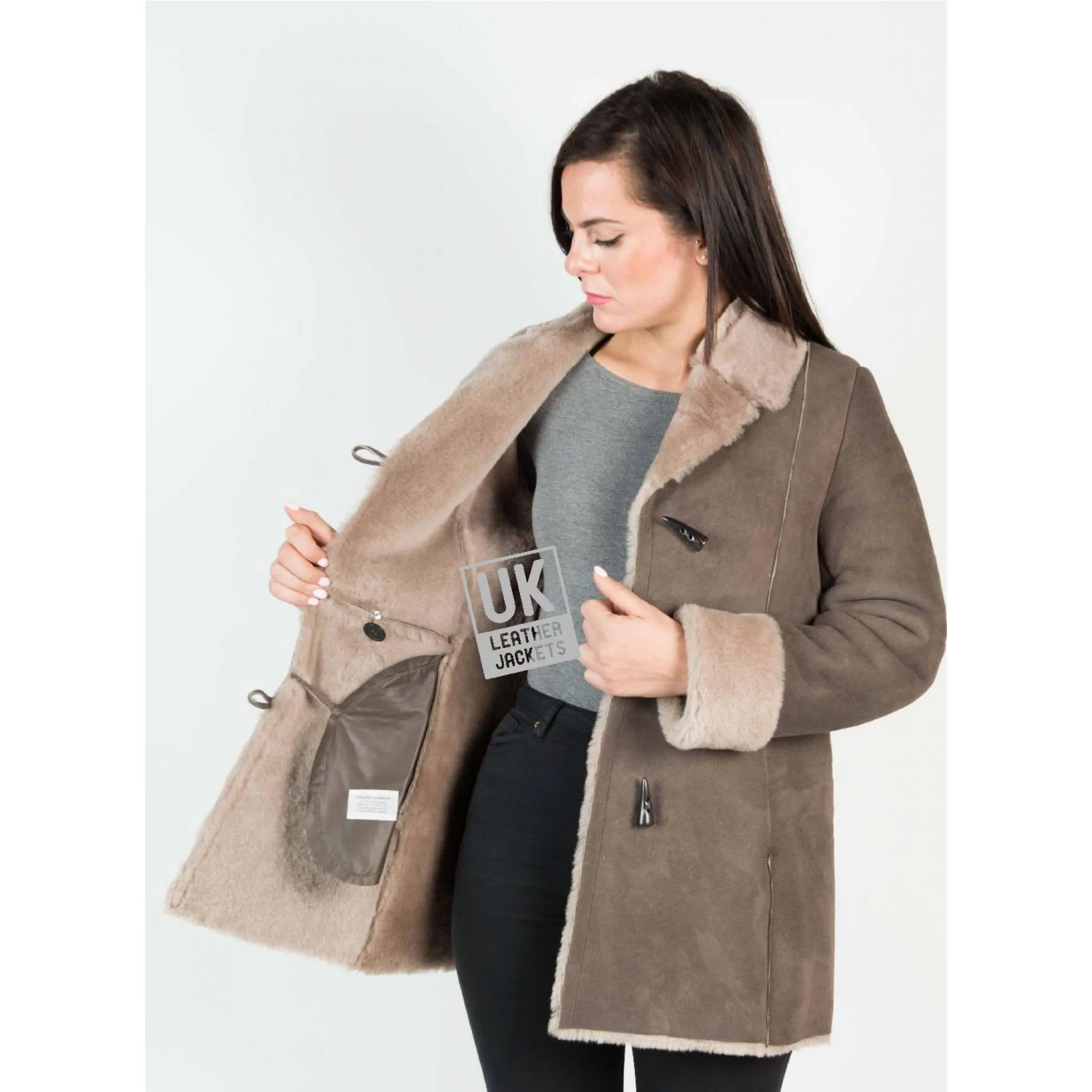 Womens Grey Shearling Sheepskin 3/4 Length Jacket - Verity- Superior Quality | UK LJ