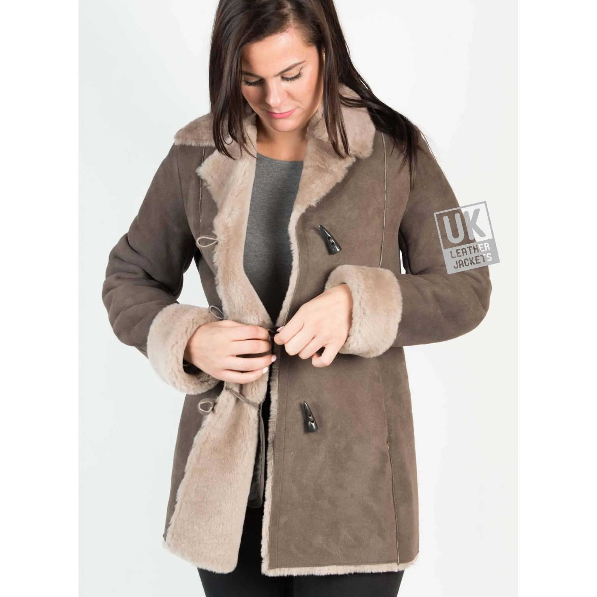 Womens Grey Shearling Sheepskin 3/4 Length Jacket - Verity- Superior Quality | UK LJ