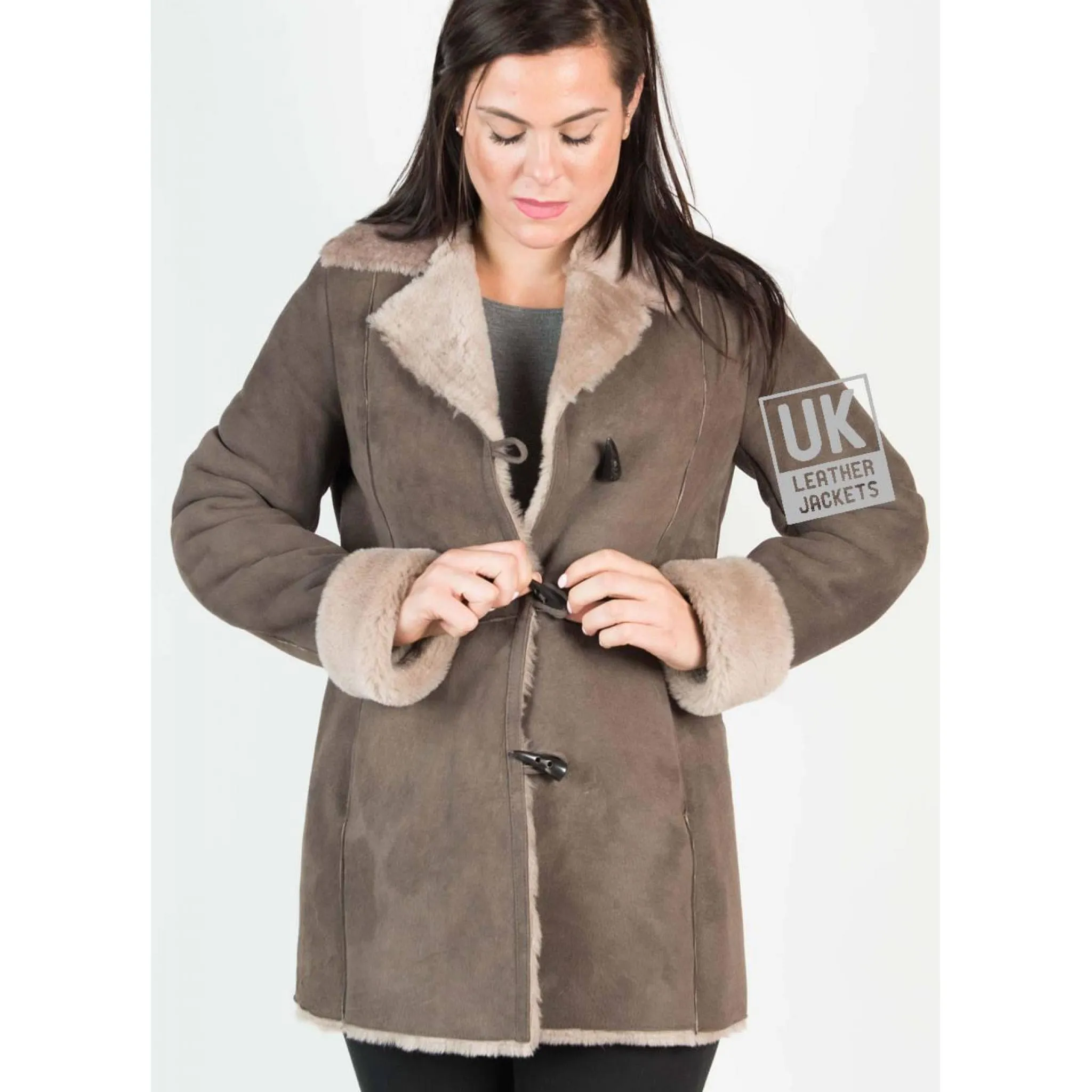 Womens Grey Shearling Sheepskin 3/4 Length Jacket - Verity- Superior Quality | UK LJ