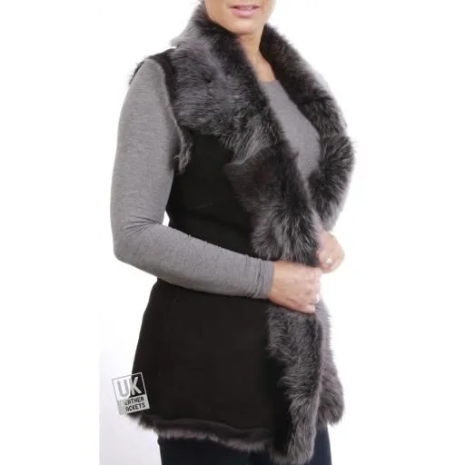 Womens Long Toscana Sheepskin Gilet - Black Snow Tipped