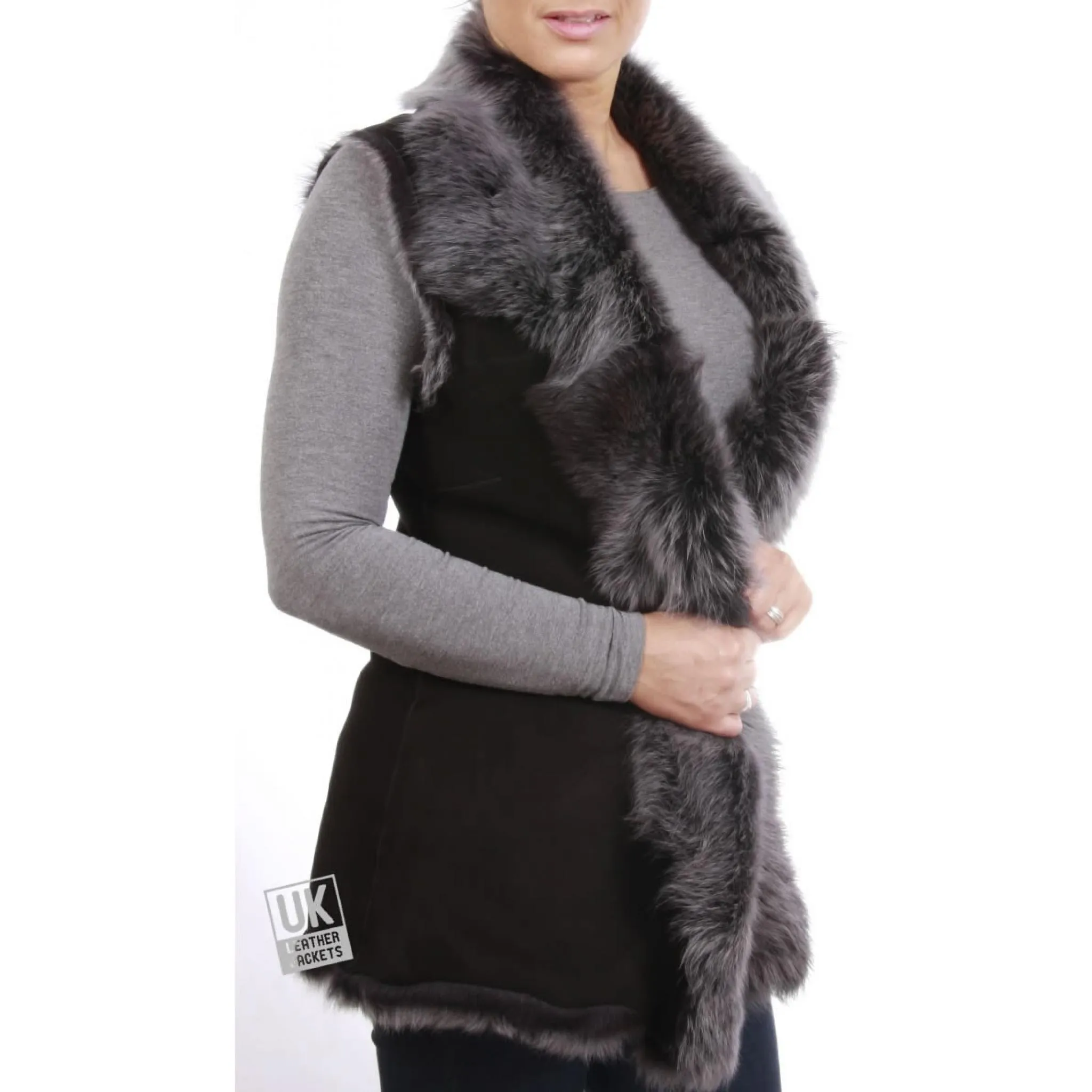 Womens Long Toscana Sheepskin Gilet - Black Snow Tipped