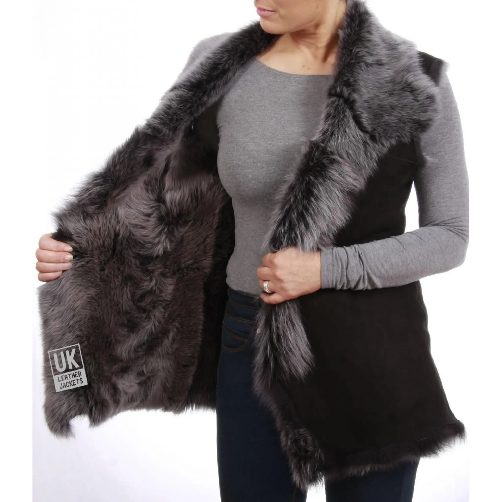 Womens Long Toscana Sheepskin Gilet - Black Snow Tipped