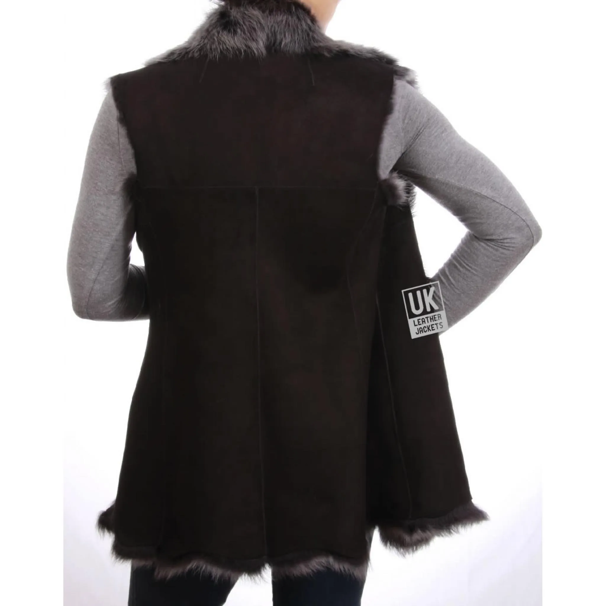 Womens Long Toscana Sheepskin Gilet - Black Snow Tipped