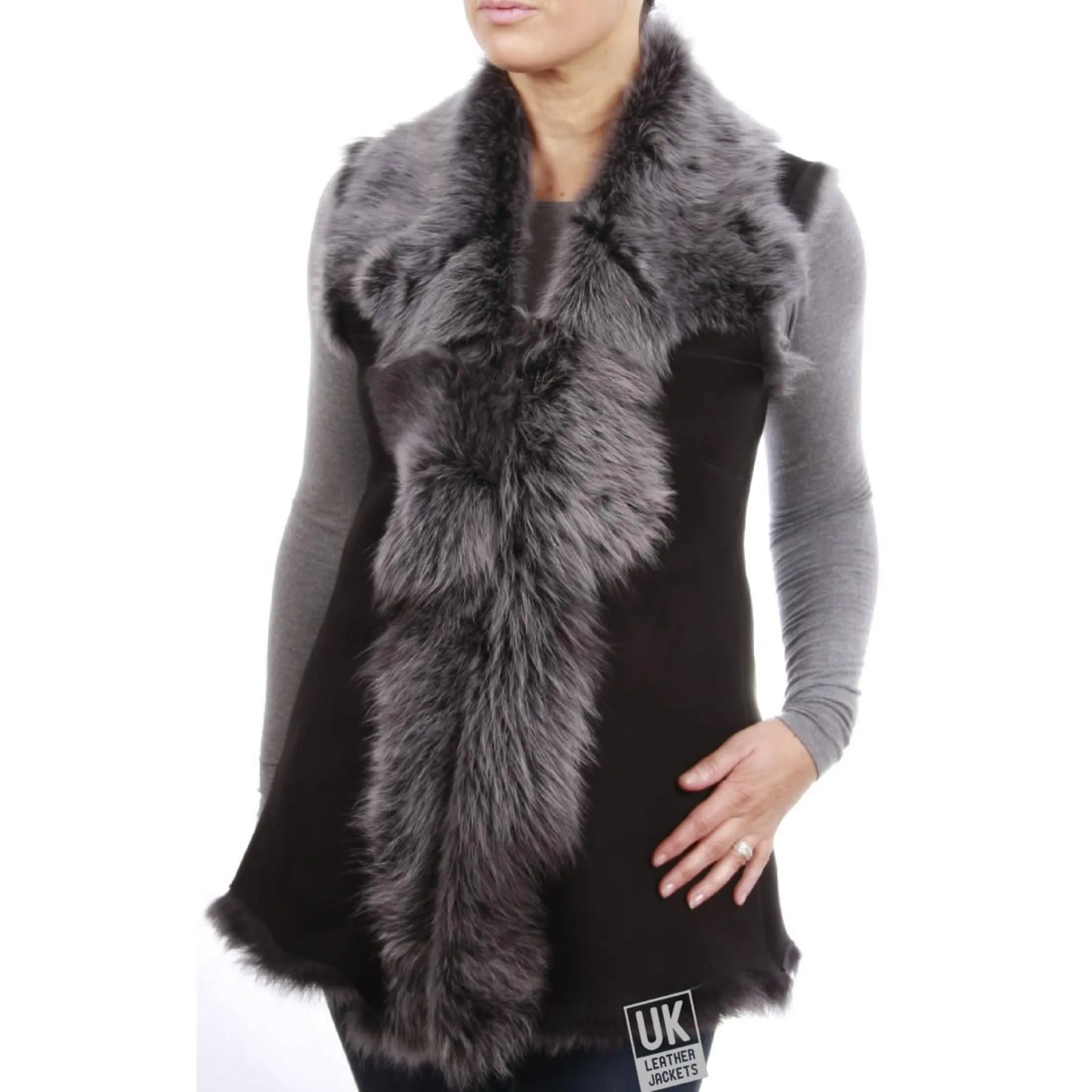 Womens Long Toscana Sheepskin Gilet - Black Snow Tipped