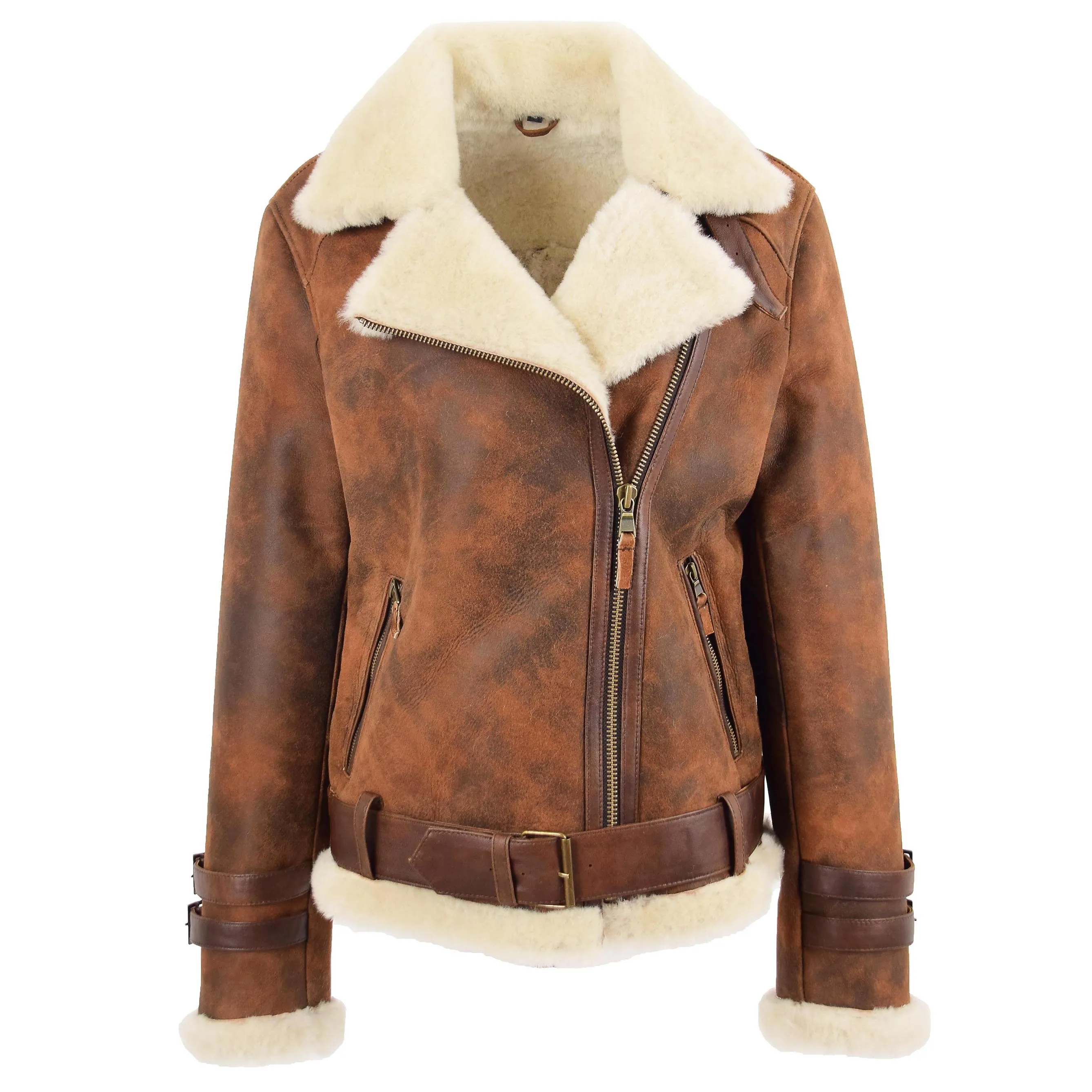 Womens Sheepskin Aviator Cross Zip Pilot Jacket Lena Vintage Brown