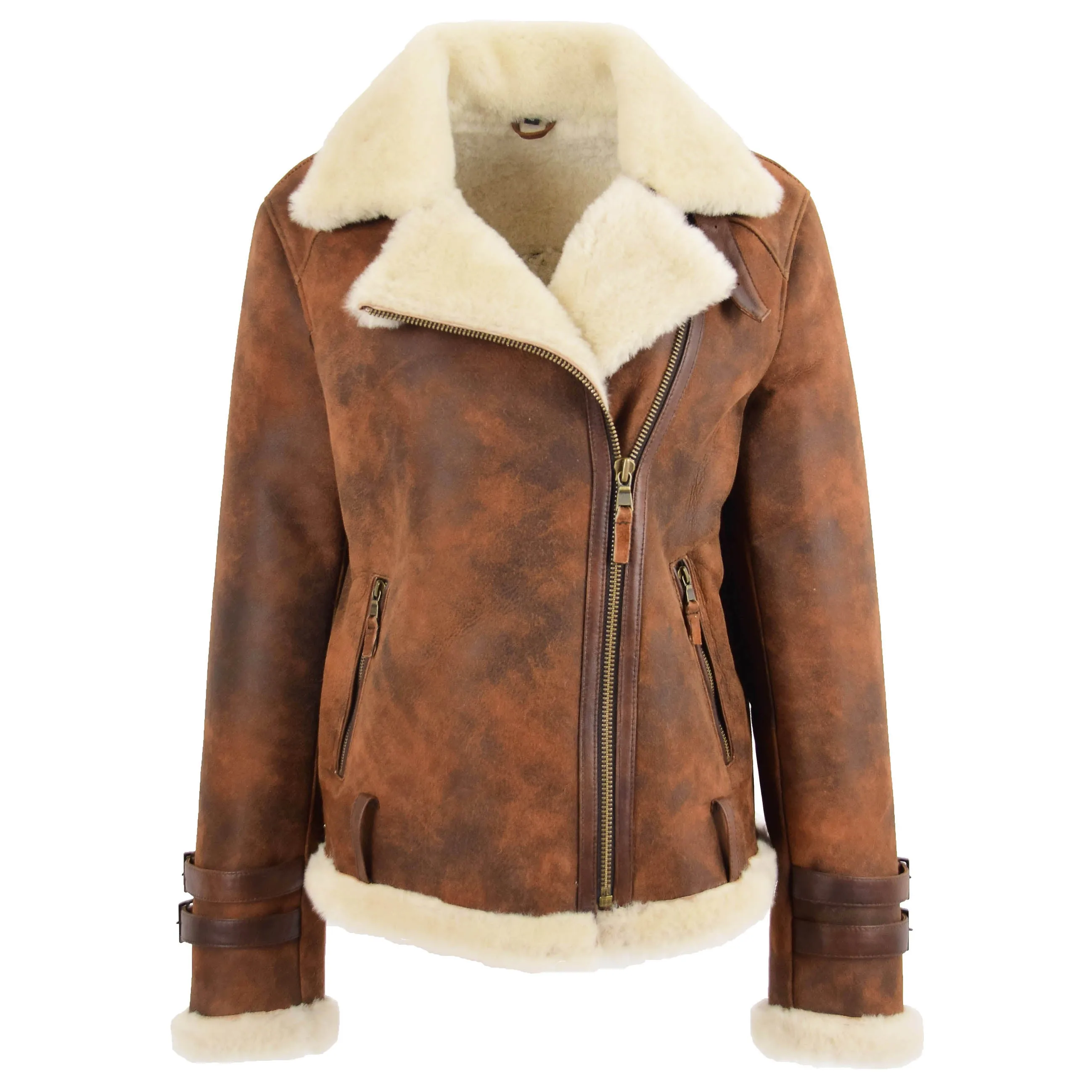 Womens Sheepskin Aviator Cross Zip Pilot Jacket Lena Vintage Brown