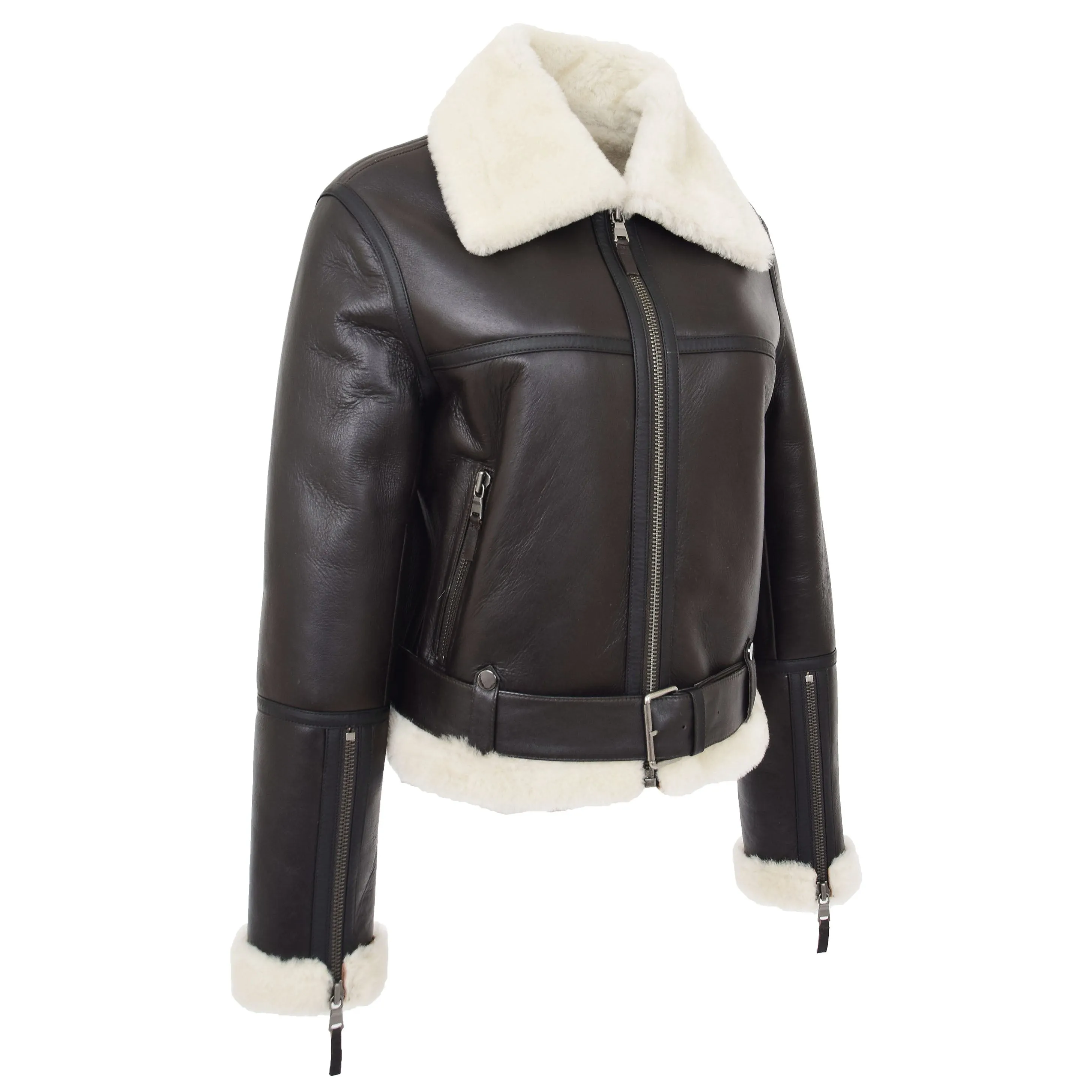 Womens Sheepskin Aviator RAF Pilot Jacket Elsie Brown White