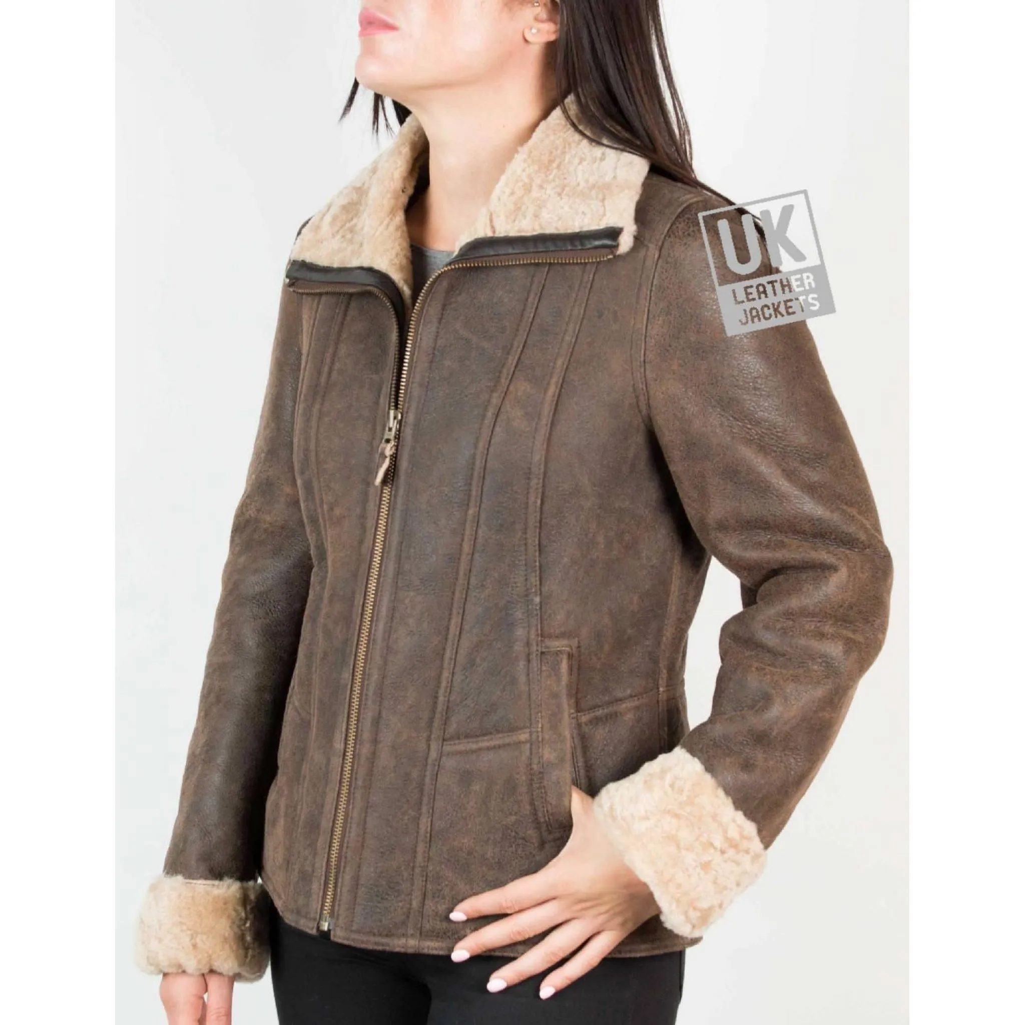 Womens Sheepskin Jacket - Funnel Neck Zip Collar- Lara | Free UK Delivery