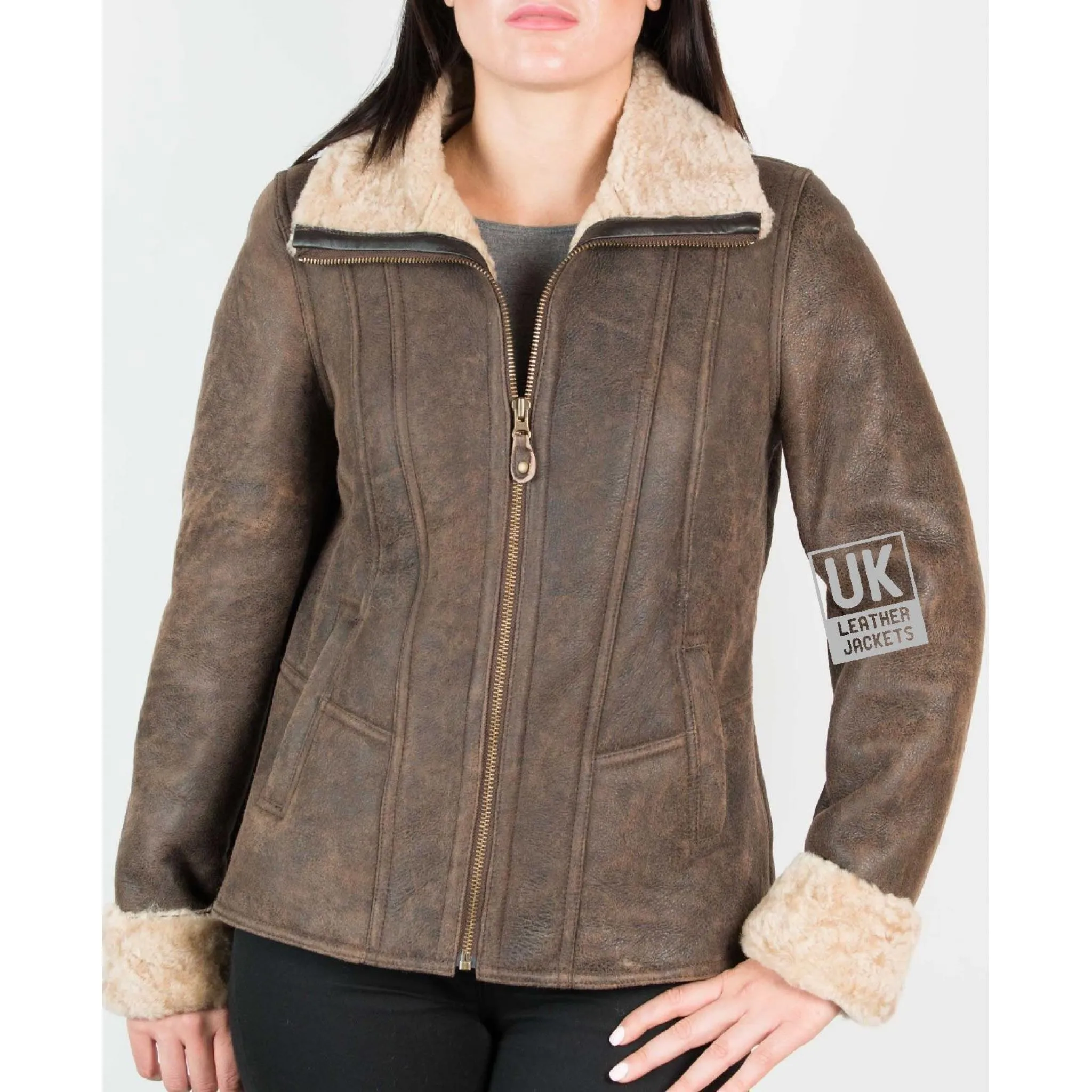 Womens Sheepskin Jacket - Funnel Neck Zip Collar- Lara | Free UK Delivery