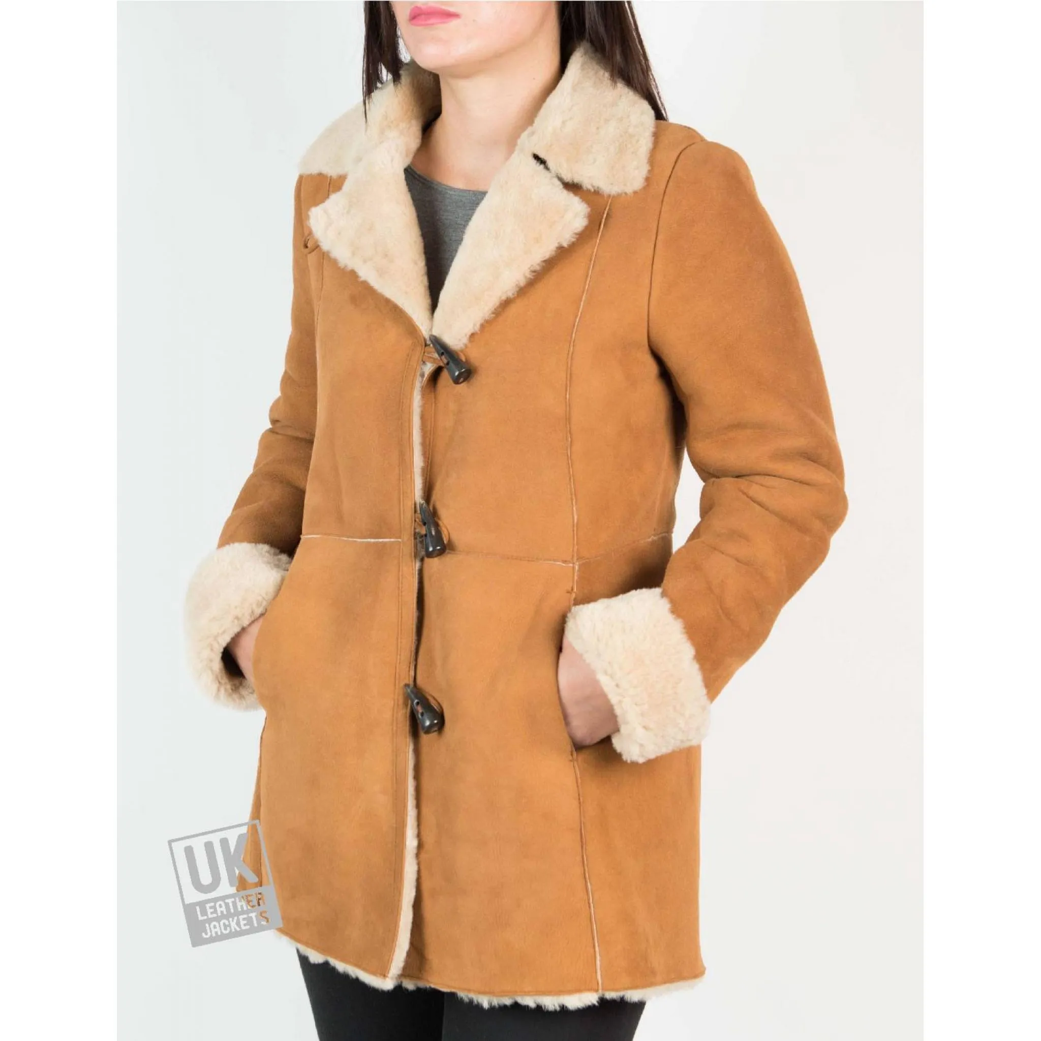 Womens Tan Shearling Sheepskin 3/4 Length - Verity - Superior Quality | UK LJ