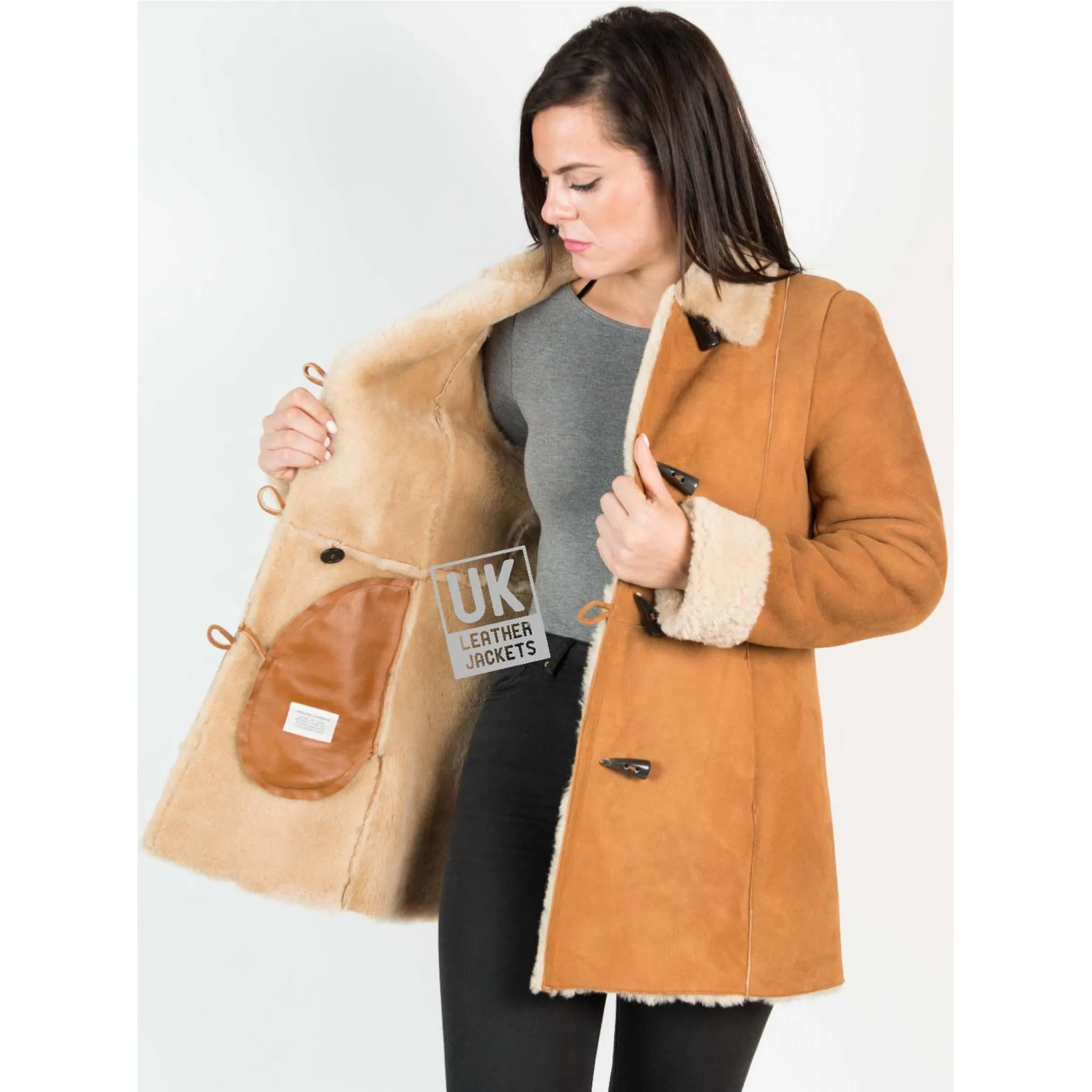 Womens Tan Shearling Sheepskin 3/4 Length - Verity - Superior Quality | UK LJ