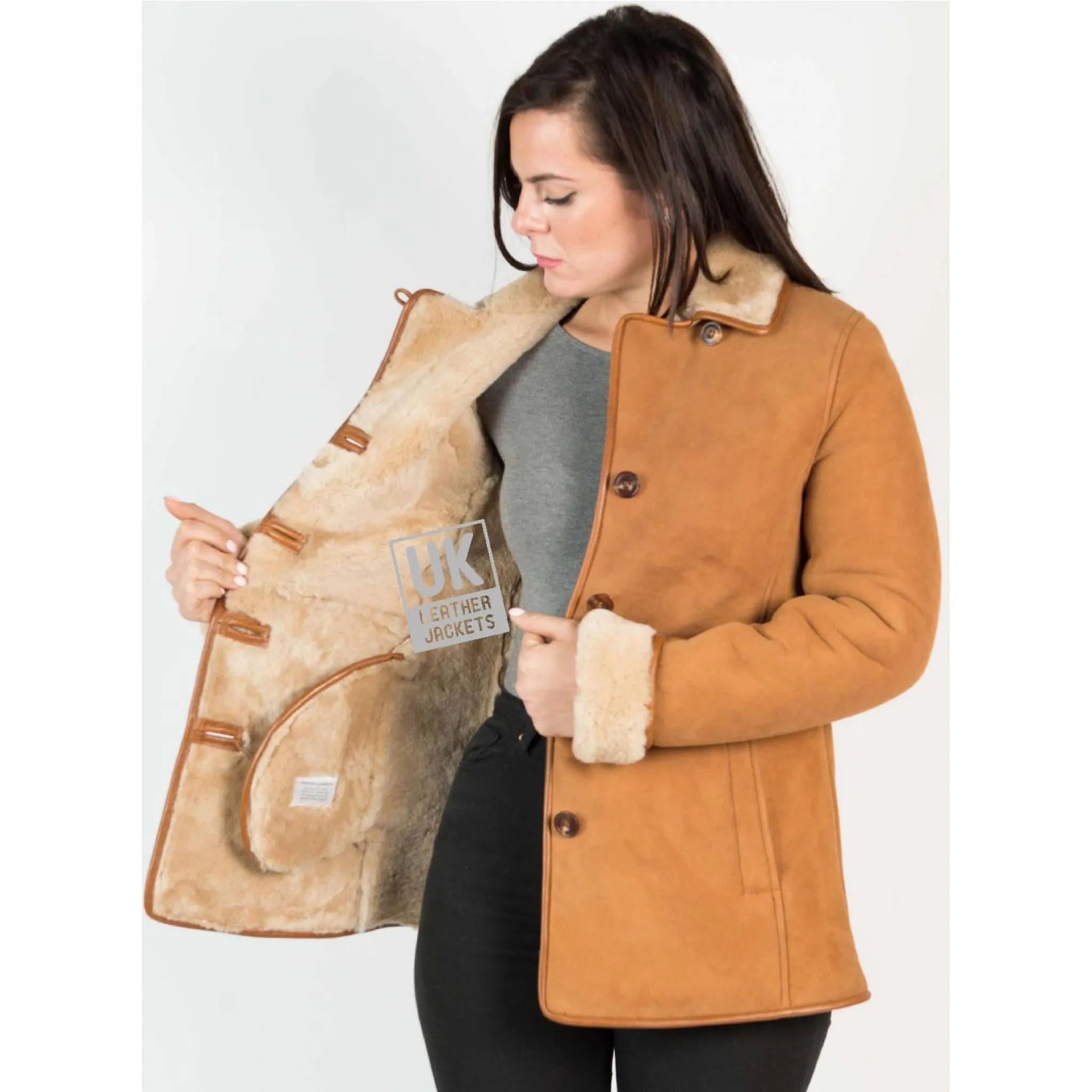 Womens Tan Sheepskin Jacket - Hip Length - Dana - Superior Quality | UK LJ