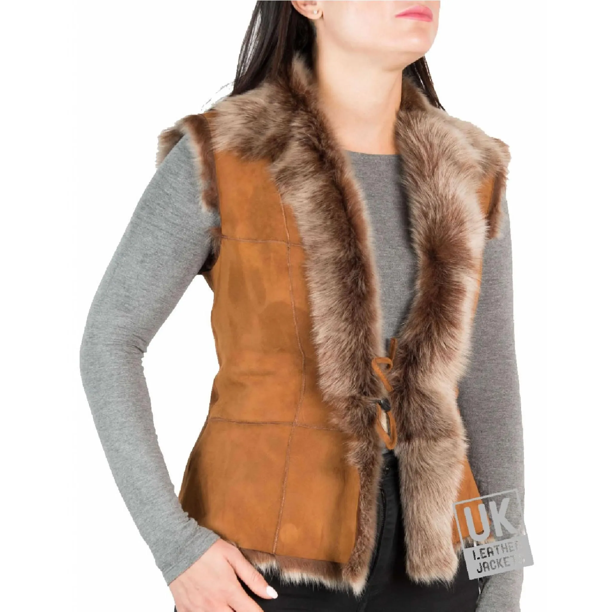 Womens Tan Toscana Sheepskin Gilet Single Tie Front | Free UK Delivery