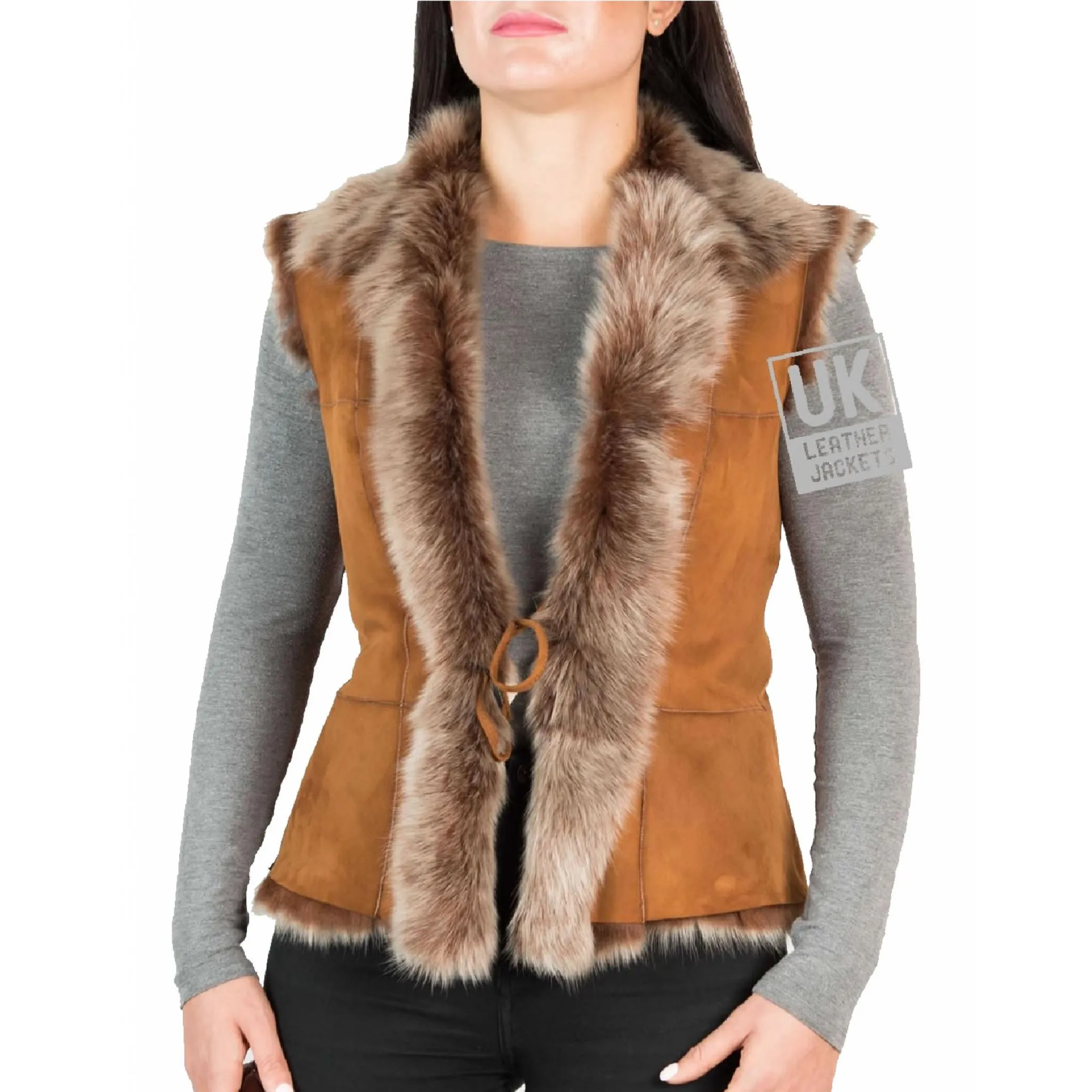 Womens Tan Toscana Sheepskin Gilet Single Tie Front | Free UK Delivery