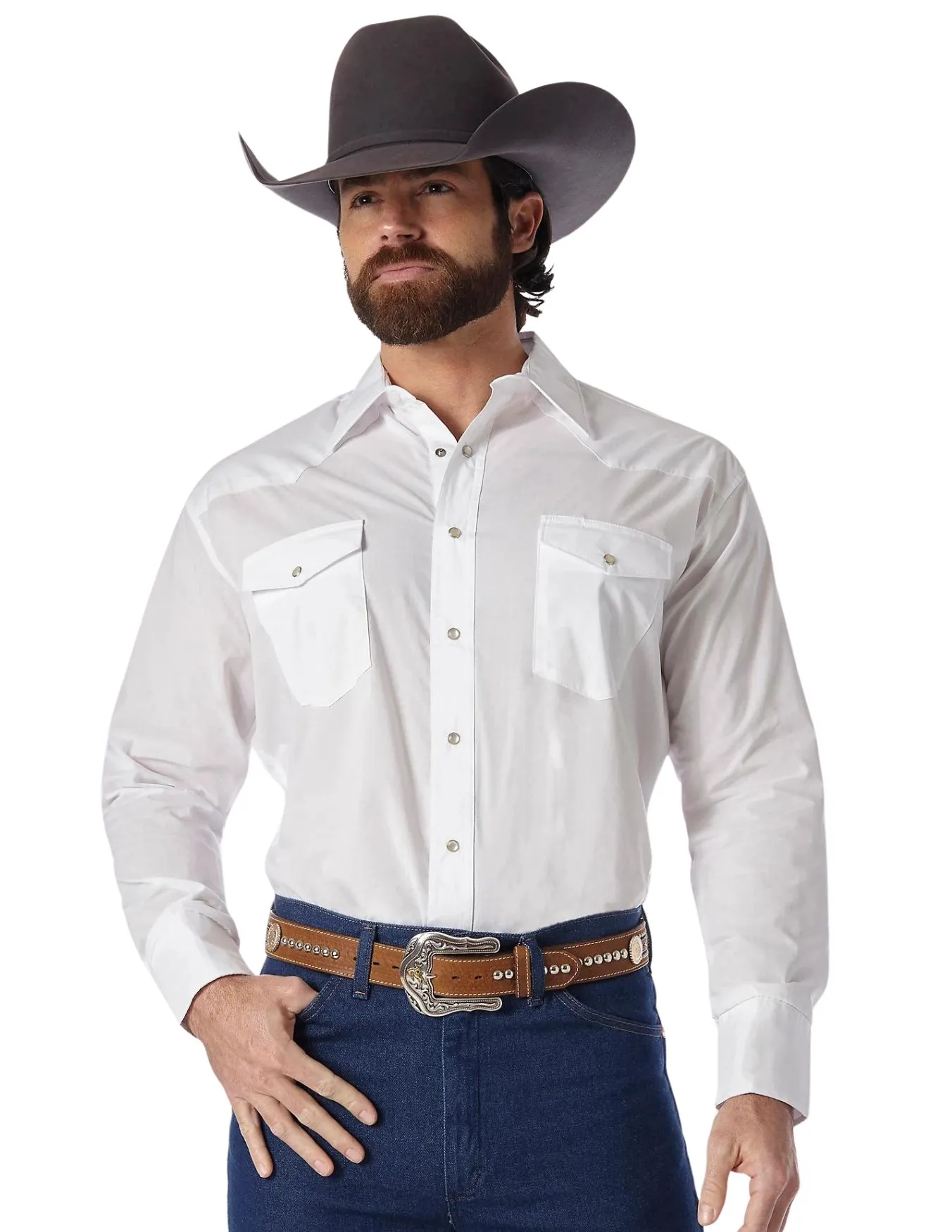 Wrangler Mens White Cowboy Cut Long Sleeve Shirt