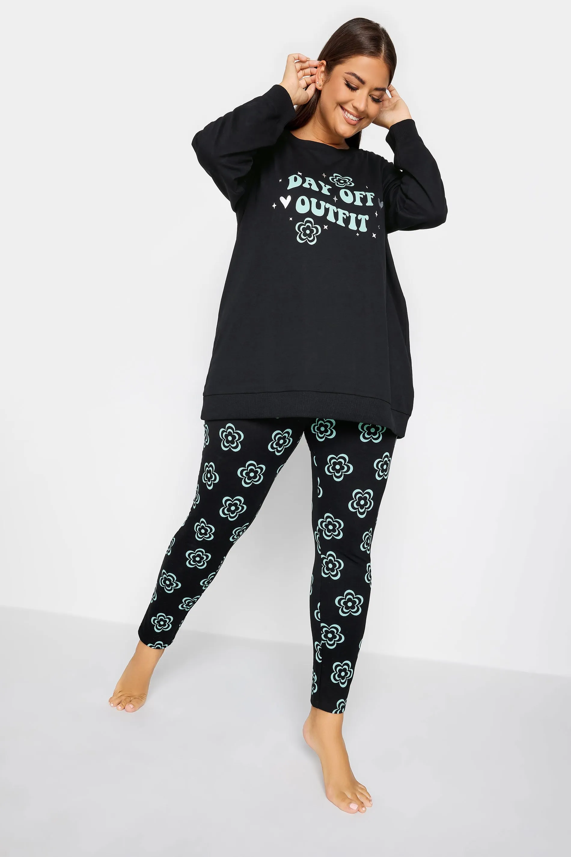 YOURS Curve Black 'Day Off' Flower Print Lounge Set