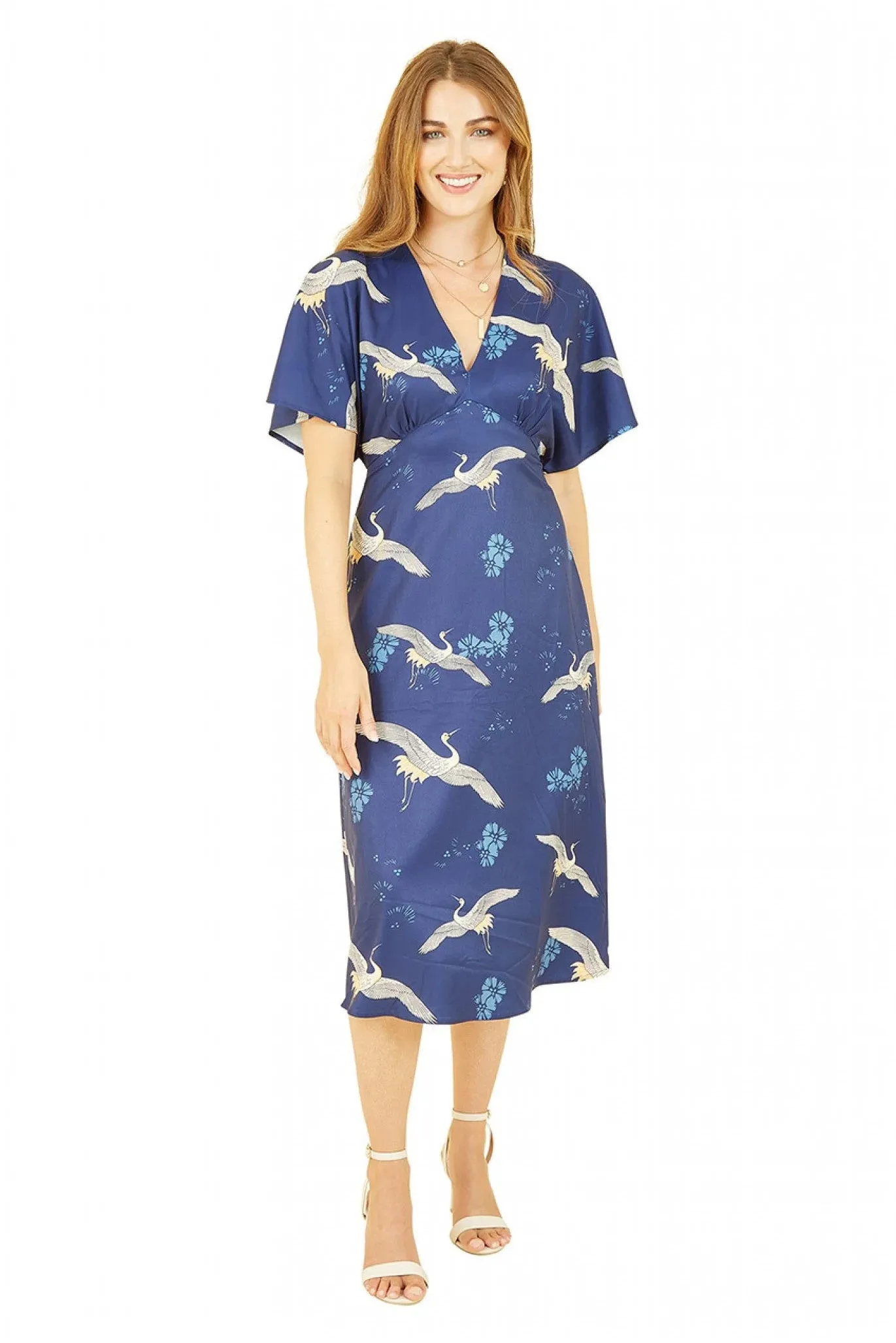 Yumi Navy Crane Print Kimono Midi Dress