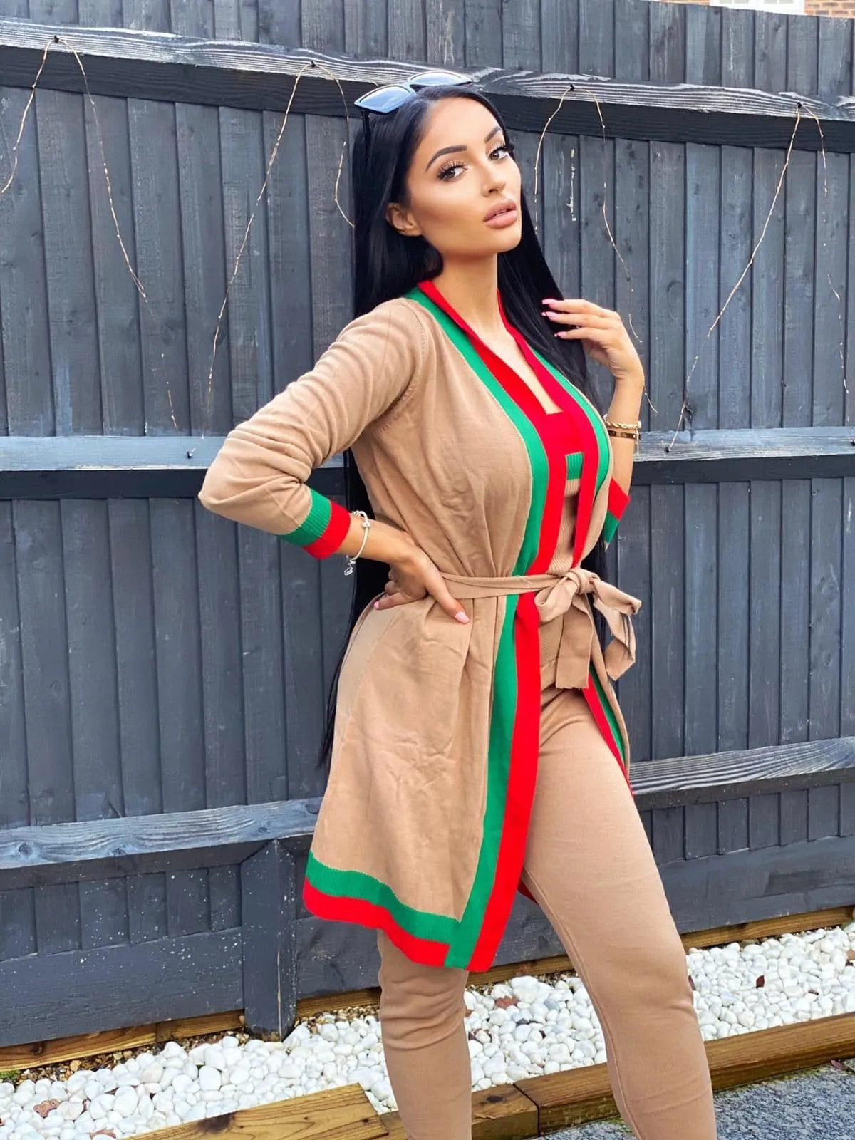 Zara Camel Tan Red and Green Striped Fine Knit 3 Piece Lounge Co-ord Set